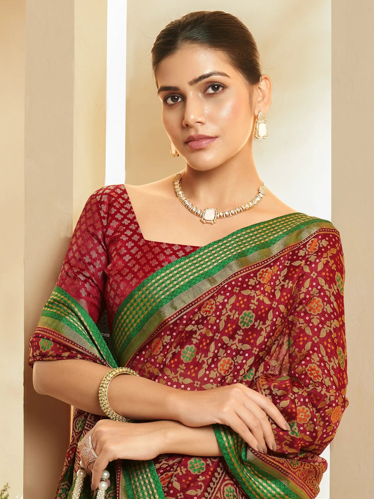 Dazzling Maroon Patola Printed Silk Wedding Wear Saree With Blouse
