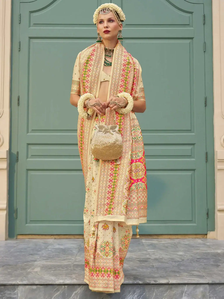 Bewitching Cream Zari Weaving Silk Traditional Saree With Blouse