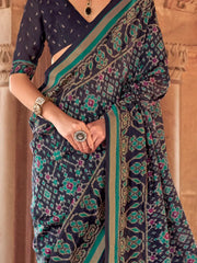 Alluring Navy Blue Patola Printed Georgette Event Wear Saree