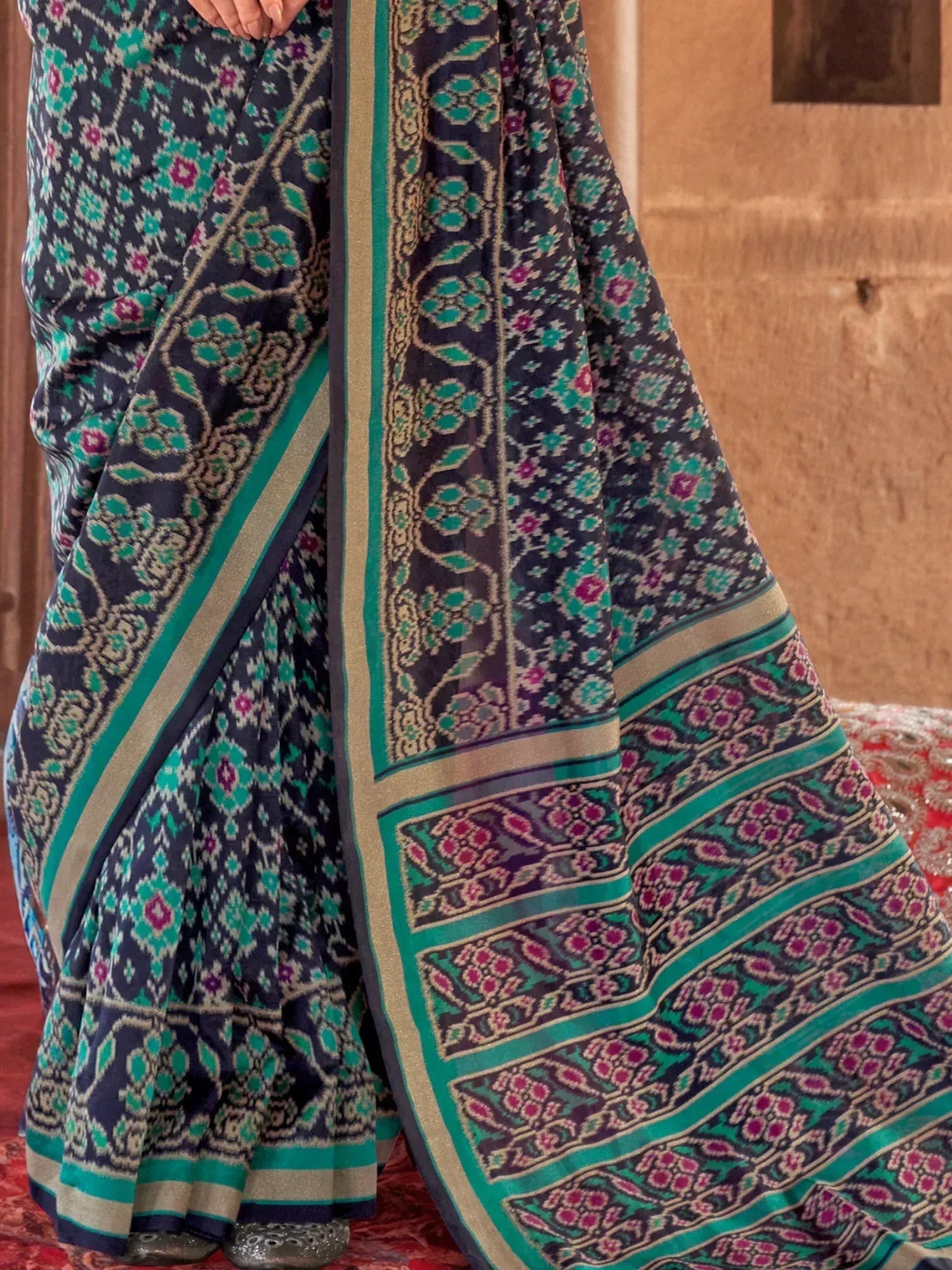Navy blue saree with teal and pink floral ikat print, ethnic Indian wear