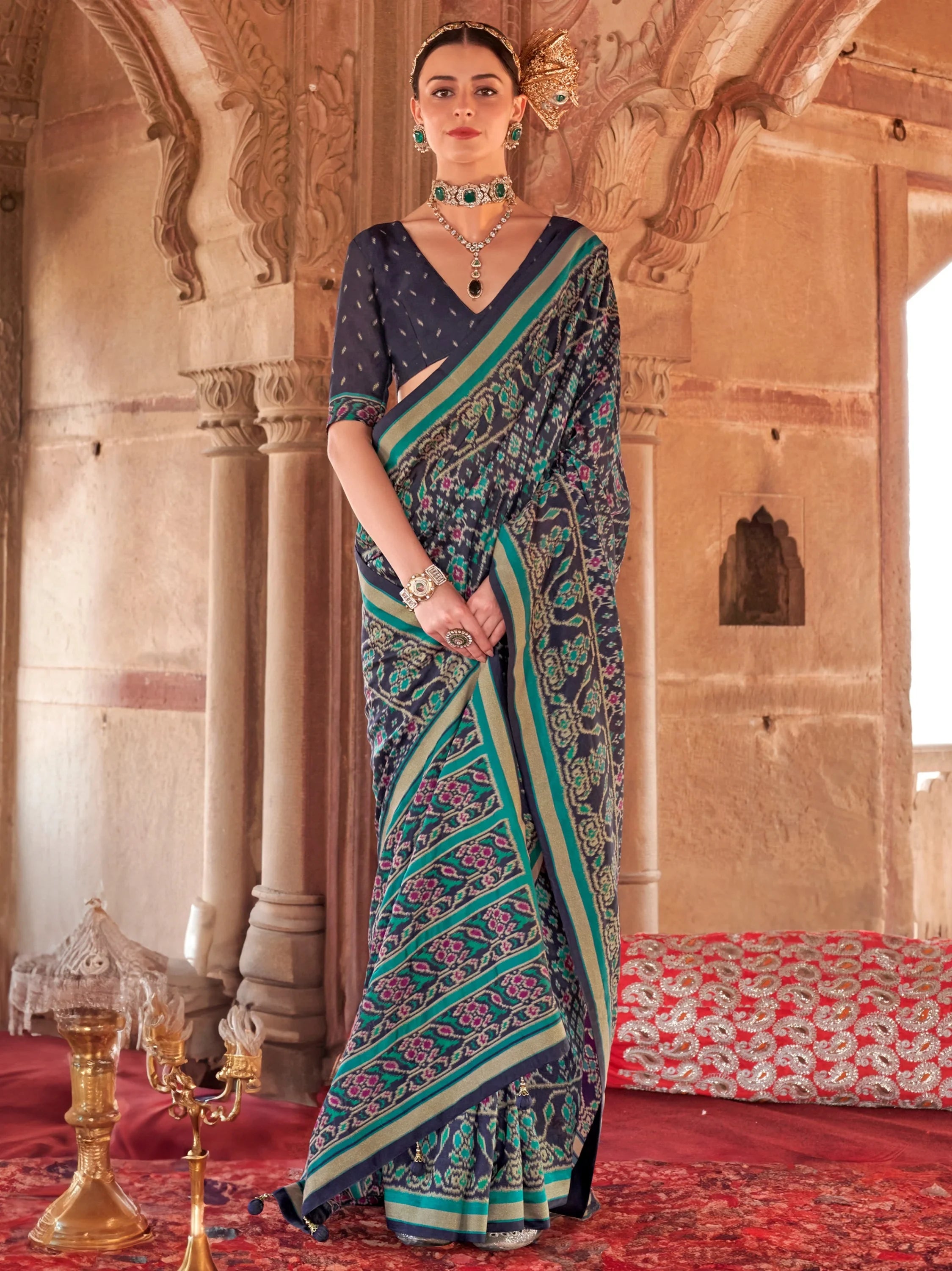 Alluring Navy Blue Patola Printed Georgette Event Wear Saree