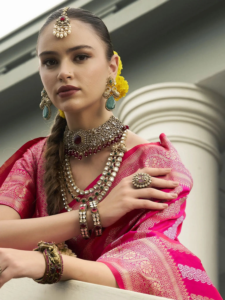 Captivating Pink Zari Weaving Silk Festival Wear Saree With Blouse