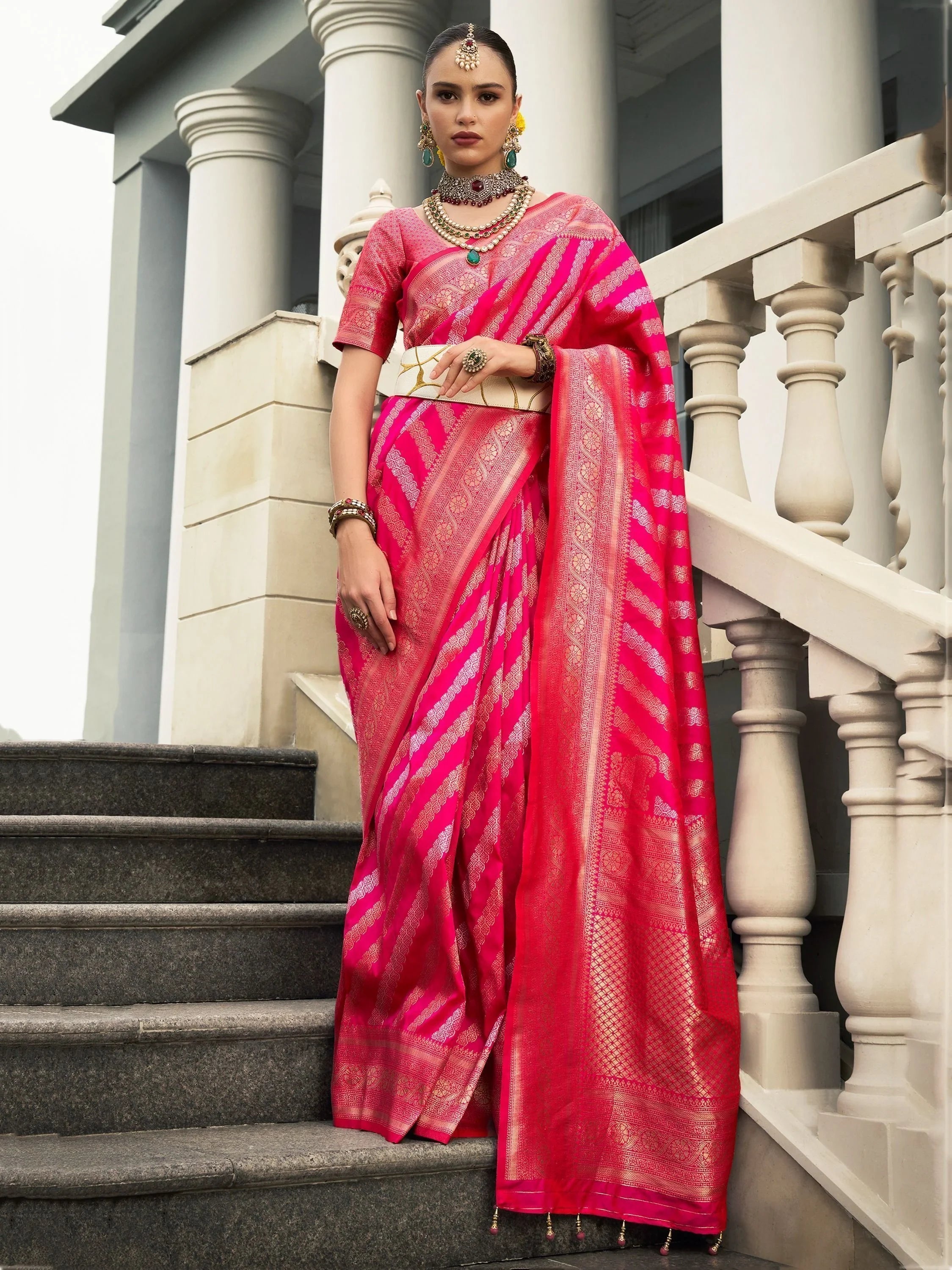 Captivating Pink Zari Weaving Silk Festival Wear Saree With Blouse