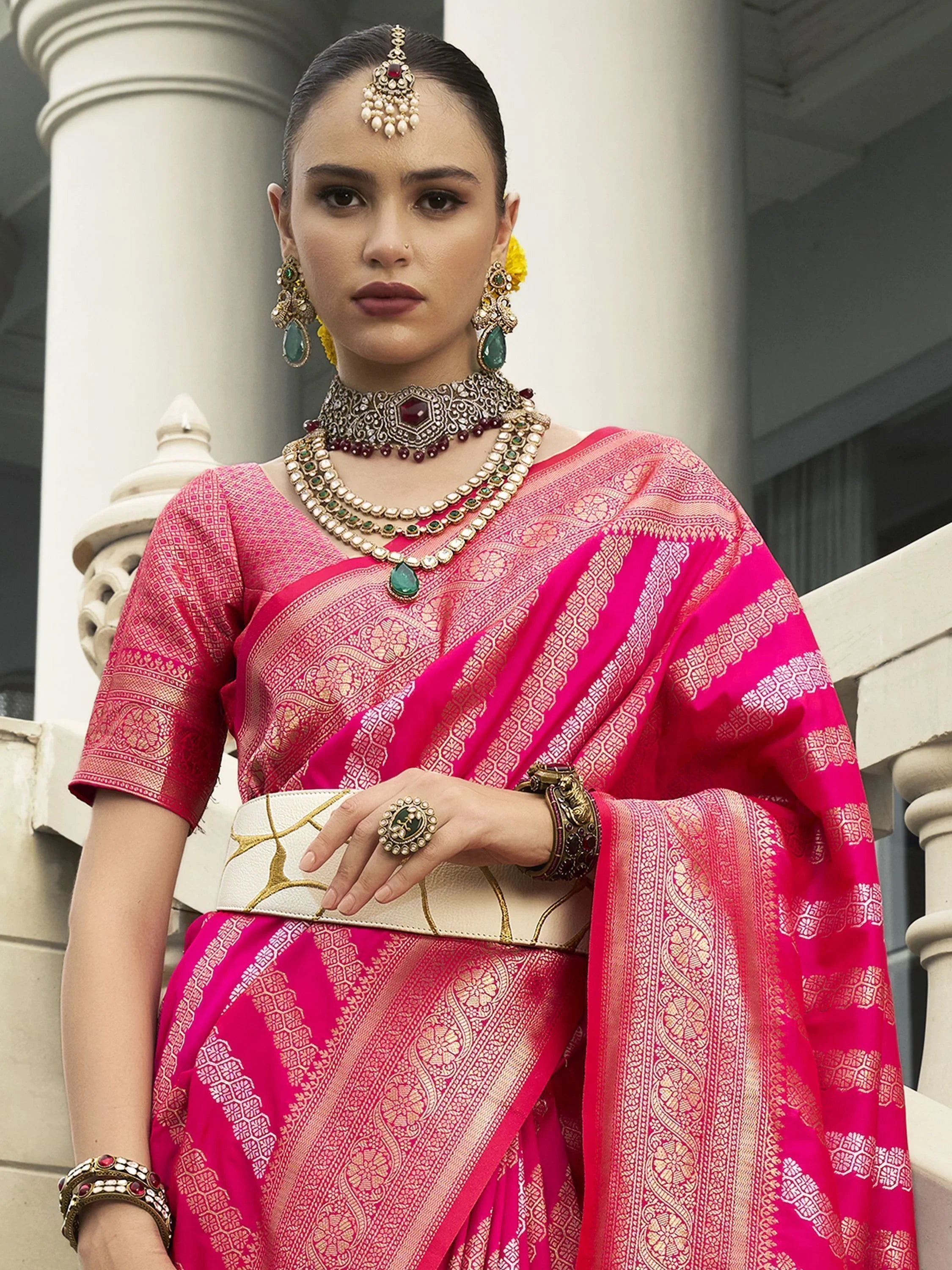 Captivating Pink Zari Weaving Silk Festival Wear Saree With Blouse