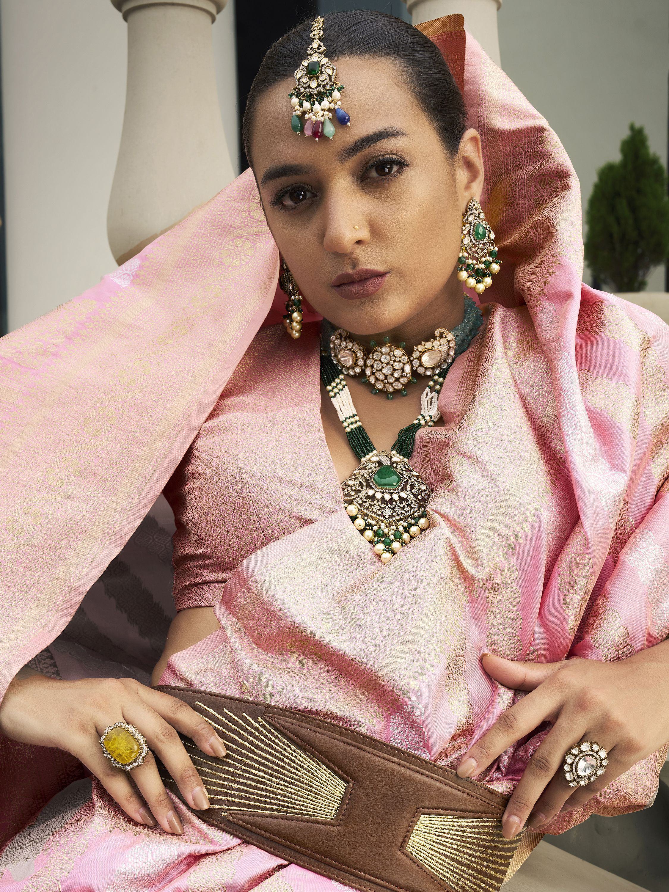 Glamorous Baby Pink Zari Weaving Silk Event Wear Saree With Blouse