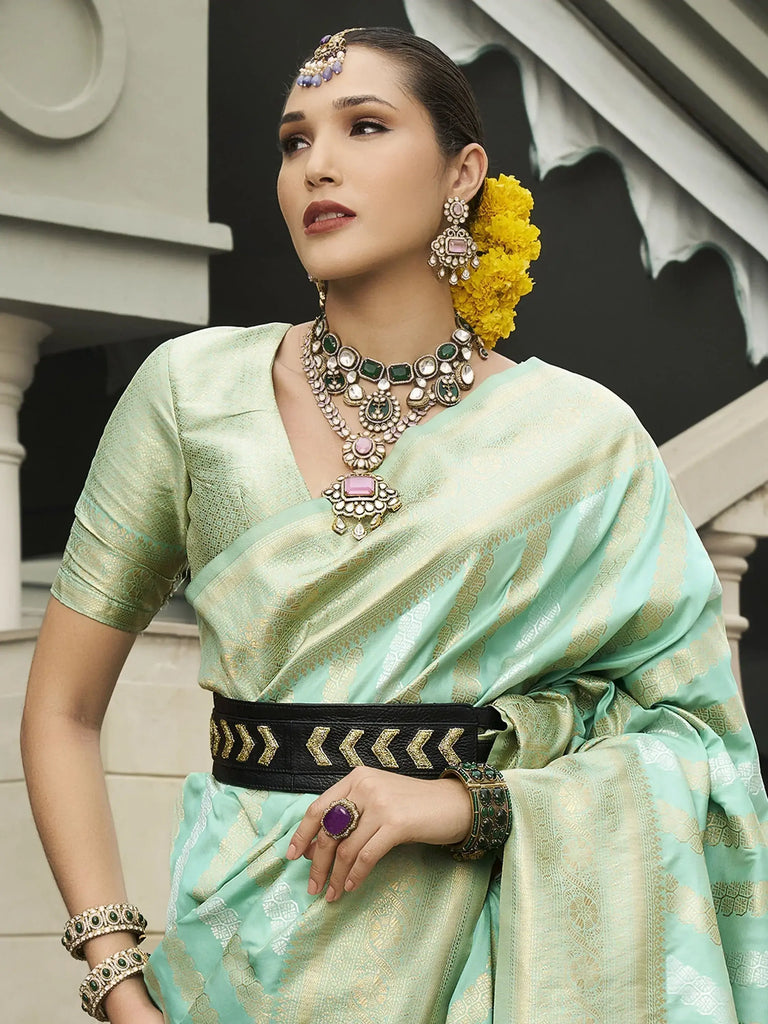 Enchanting Aqua Green Zari Weaving Silk Traditional Saree With Blouse