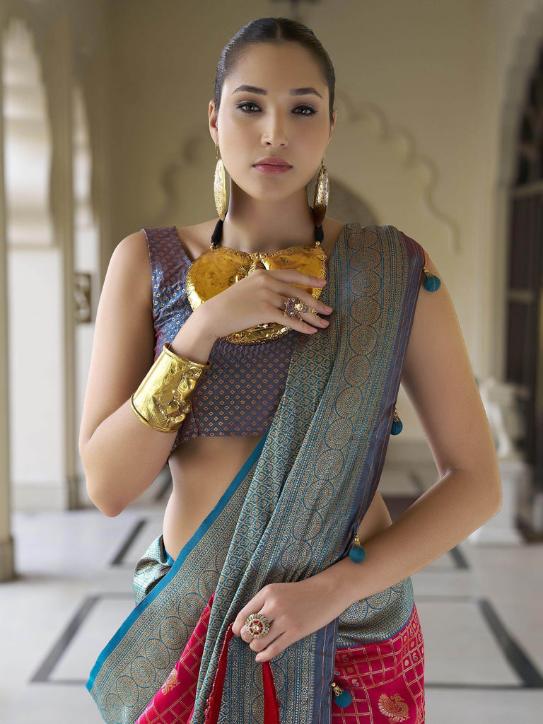 Lovely Pink Zari Weaving Banarasi Silk Traditional Saree With Blouse