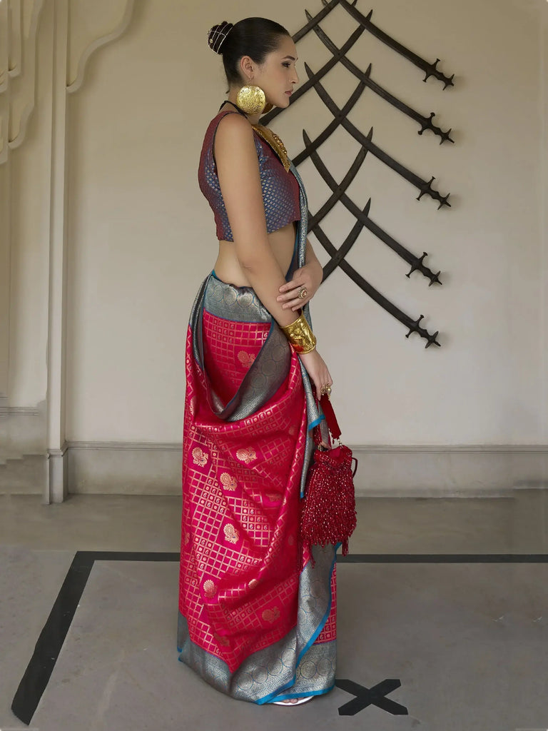 Lovely Pink Zari Weaving Banarasi Silk Traditional Saree With Blouse