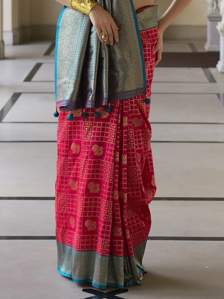 Lovely Pink Zari Weaving Banarasi Silk Traditional Saree With Blouse