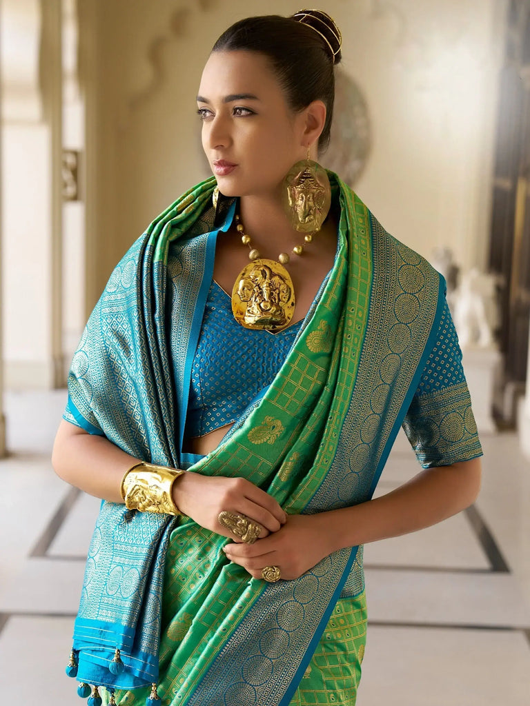 Beautiful Light Green Zari Weaving Banarasi Silk Festival Wear Saree