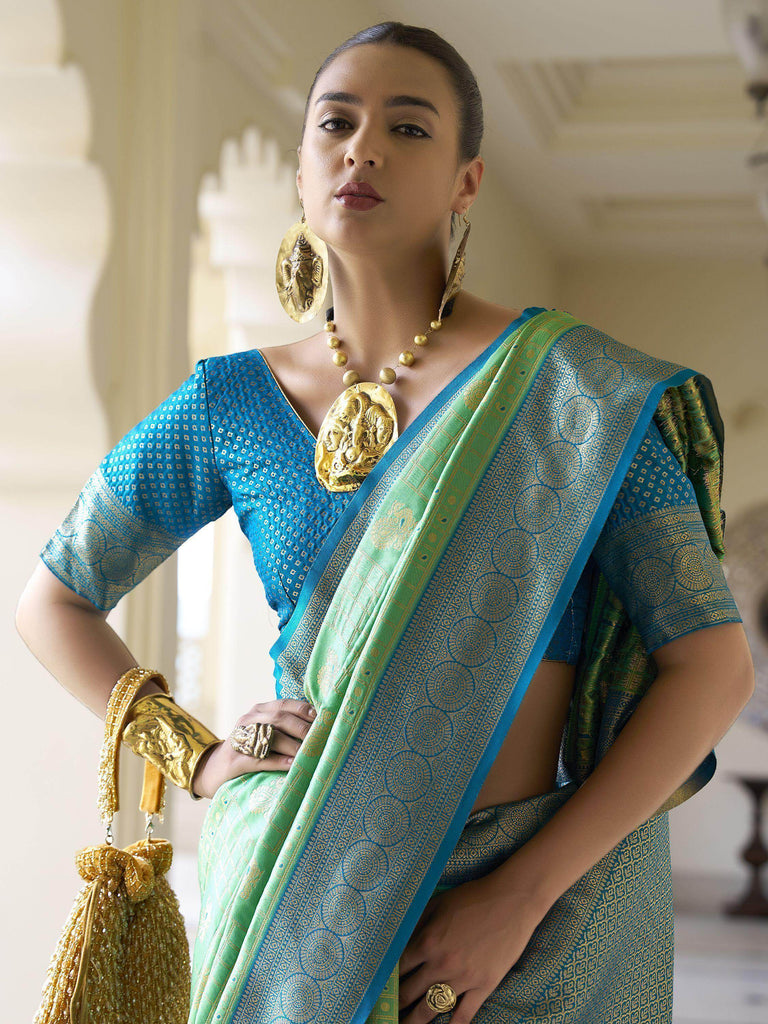 Beautiful Light Green Zari Weaving Banarasi Silk Festival Wear Saree