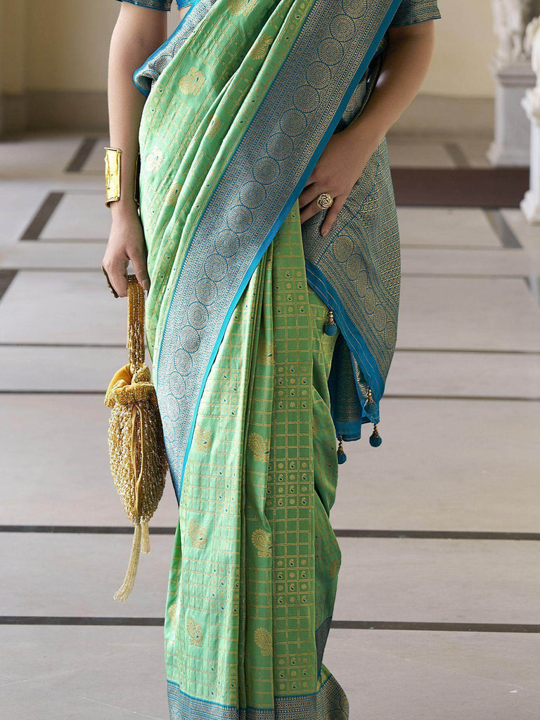Beautiful Light Green Zari Weaving Banarasi Silk Festival Wear Saree