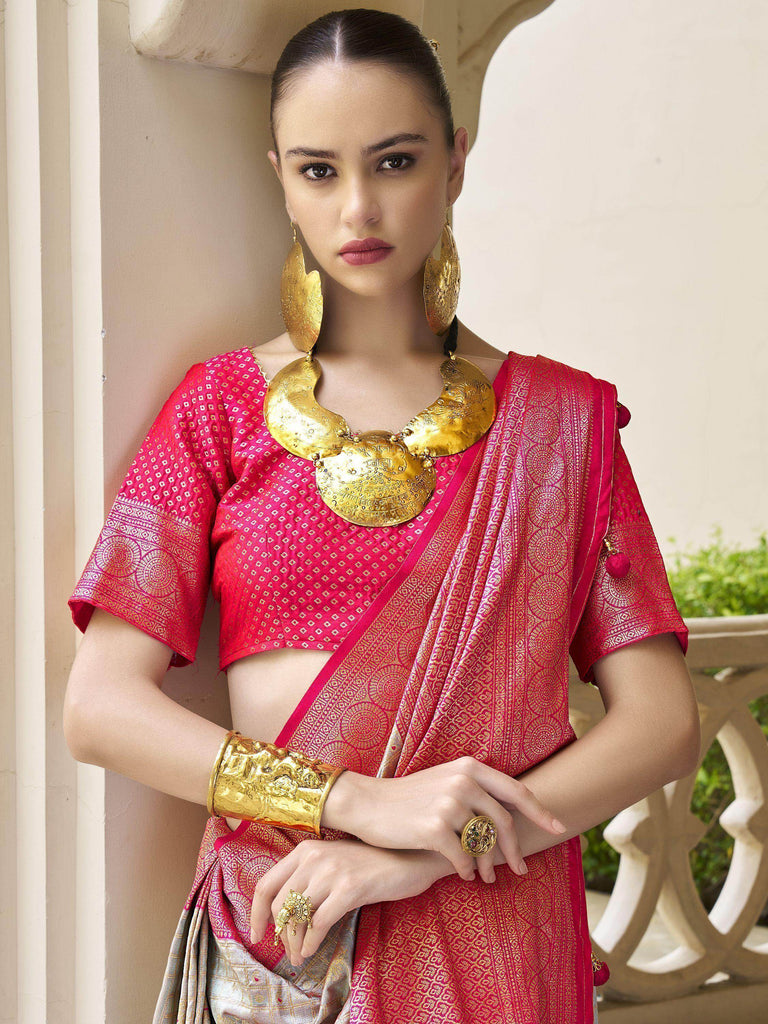 Fascinating Grey Zari Weaving Banarasi Silk Event Wear Saree