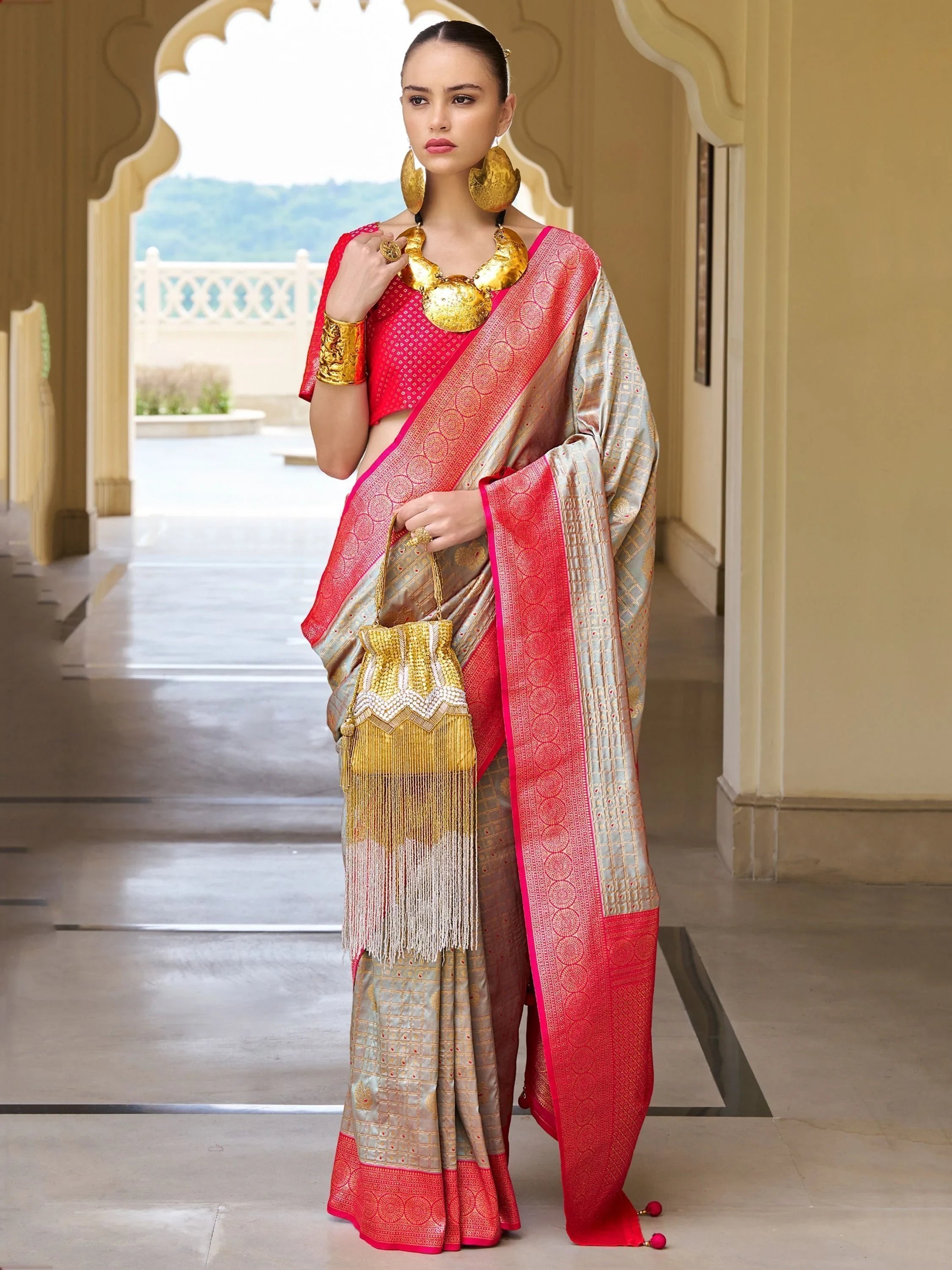 Fascinating Grey Zari Weaving Banarasi Silk Event Wear Saree