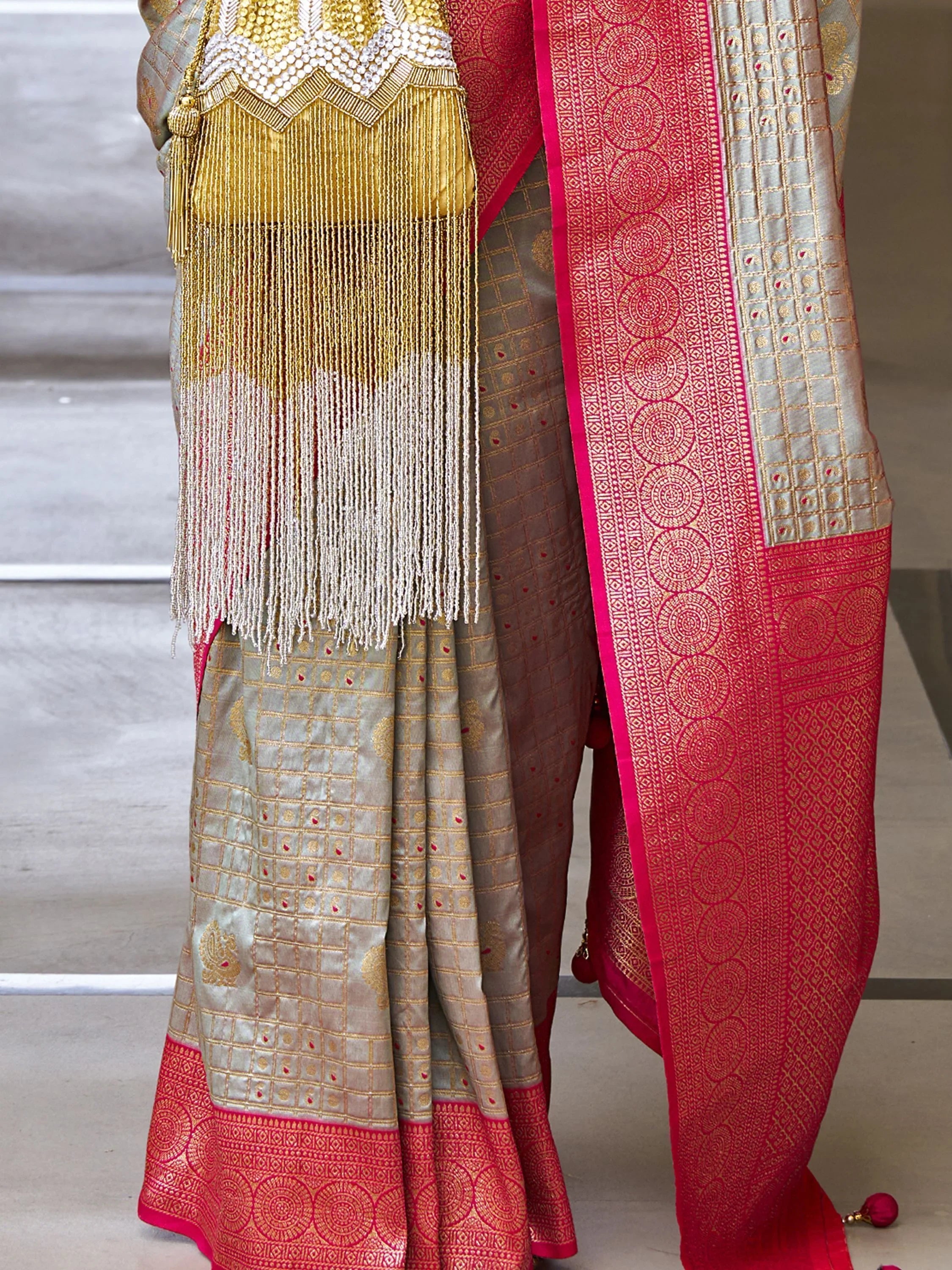 Fascinating Grey Zari Weaving Banarasi Silk Event Wear Saree