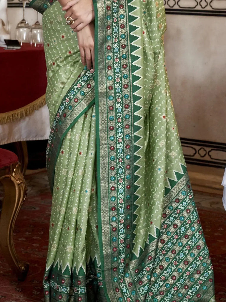 Pretty Pista Green Printed Silk Event Wear Saree With Blouse
