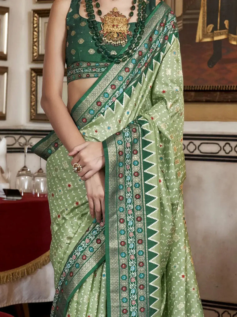 Pretty Pista Green Printed Silk Event Wear Saree With Blouse