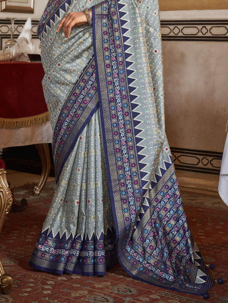 Alluring Blue Printed Silk Festival Wear Saree With Blouse