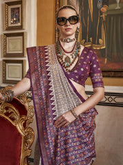 Entrancing Grey Printed Silk Function Wear Saree With Blouse
