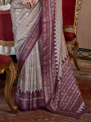 Entrancing Grey Printed Silk Function Wear Saree With Blouse