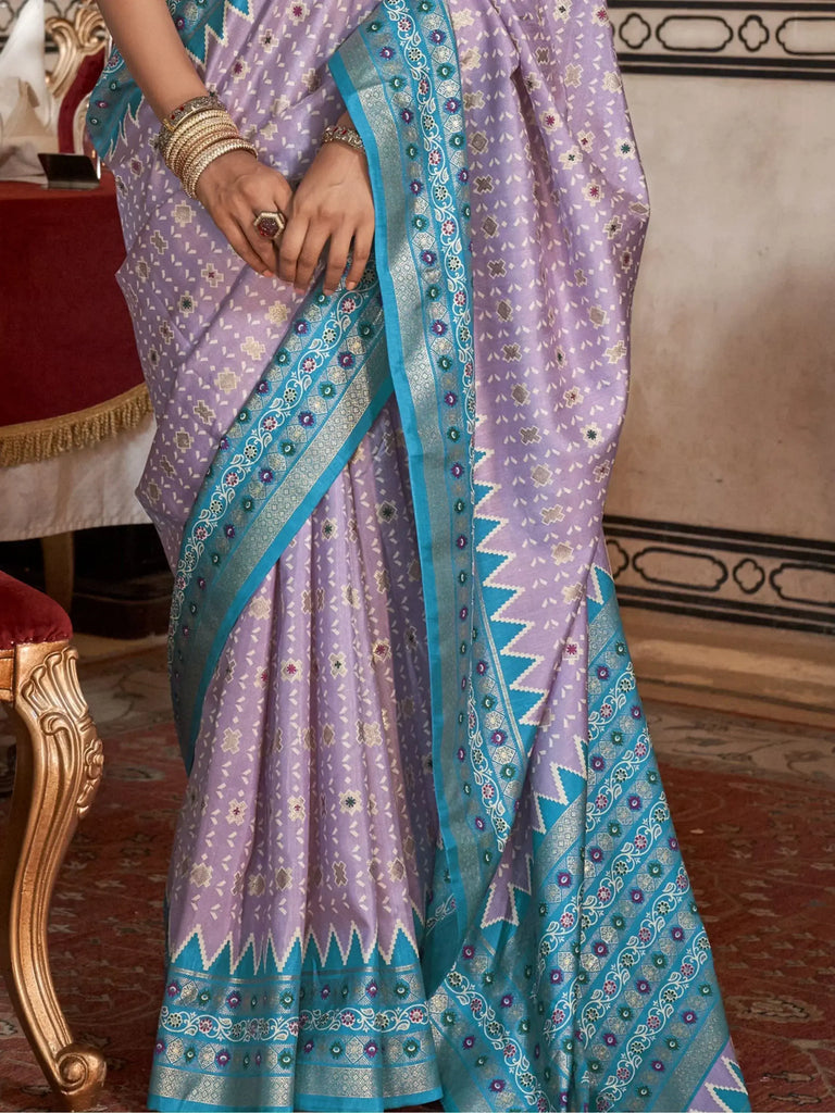 Desirable Lavender Printed Silk Event Wear Saree With Blouse