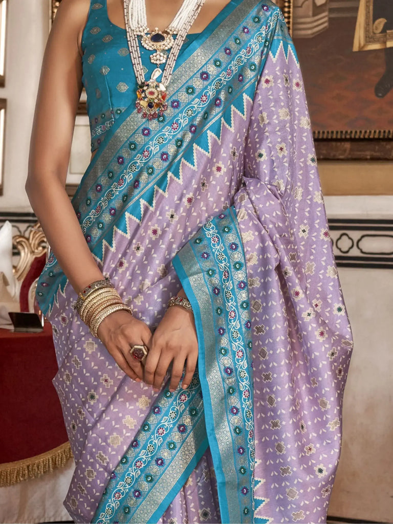 Desirable Lavender Printed Silk Event Wear Saree With Blouse