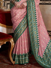 Beautiful Peach Printed Silk Festival Wear Saree With Blouse