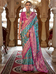 Flashy Sky Blue Patola Printed Silk Event Wear Saree With Blouse