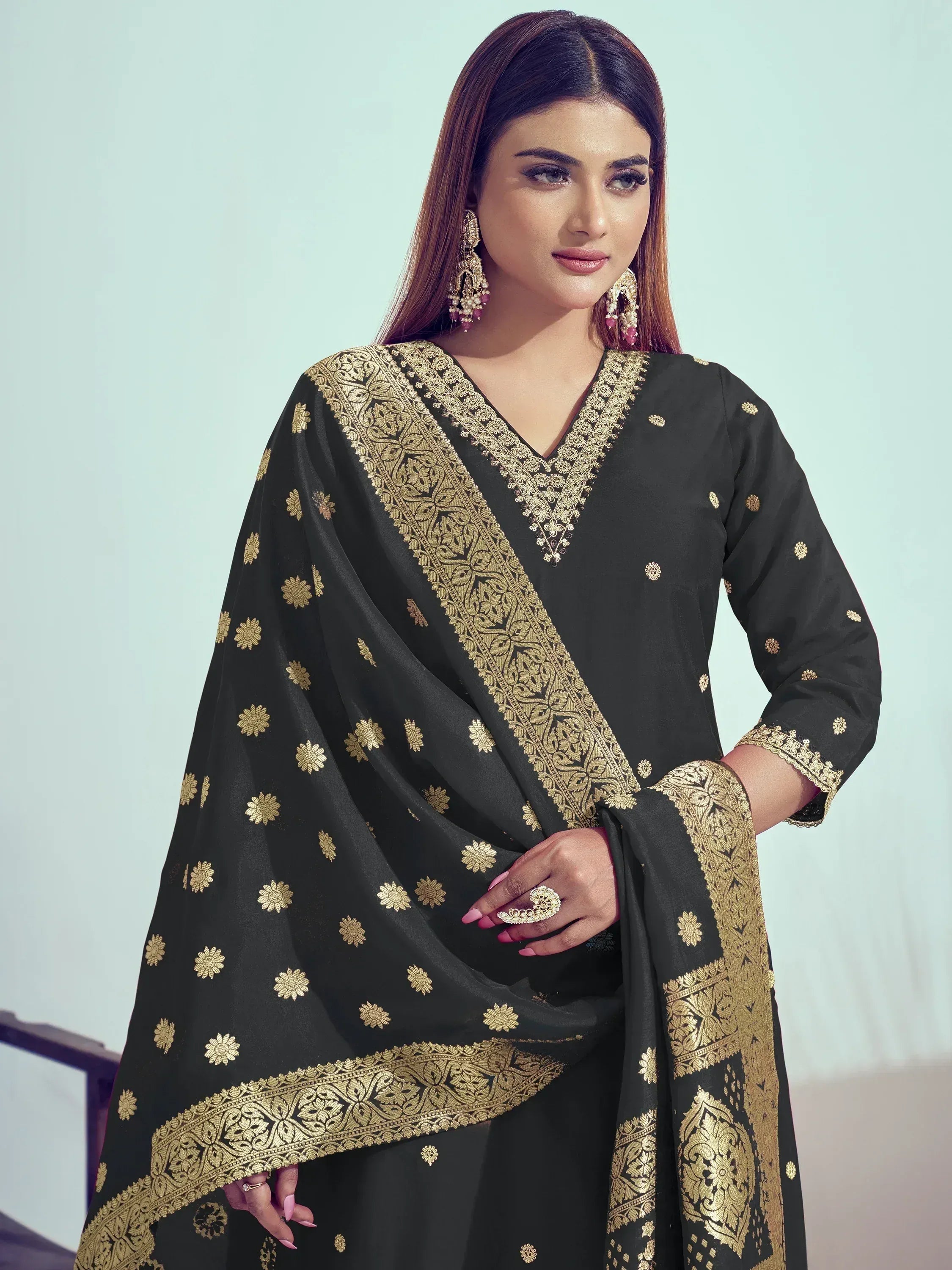 Black salwar kameez with gold embroidery, ethnic Indian wear for women