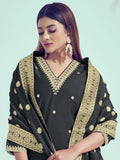 Charming Black Embroidered Silk Event Wear Pant Suit With Dupatta