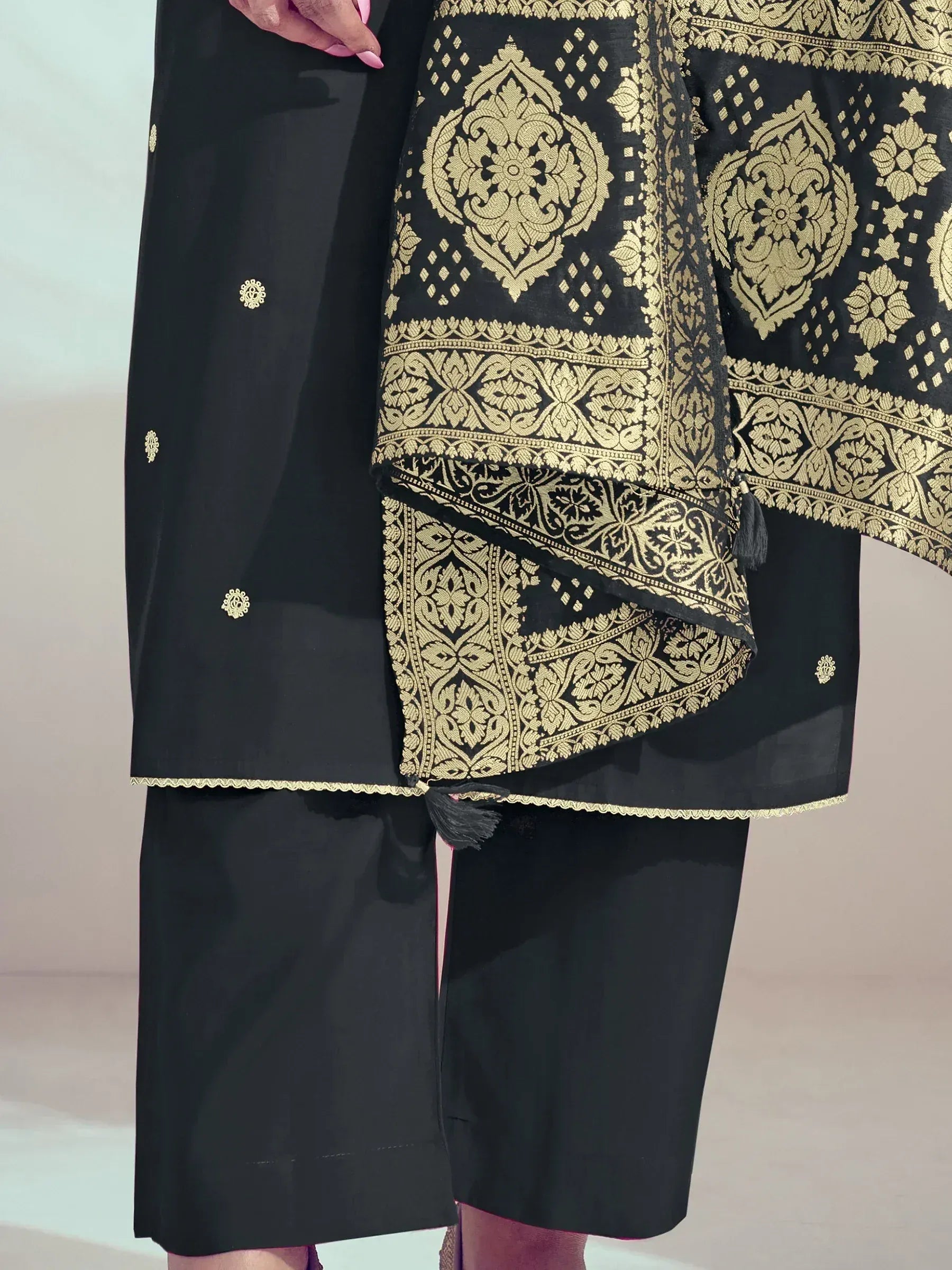 Black ethnic kurta with gold brocade dupatta, traditional Indian wear for women