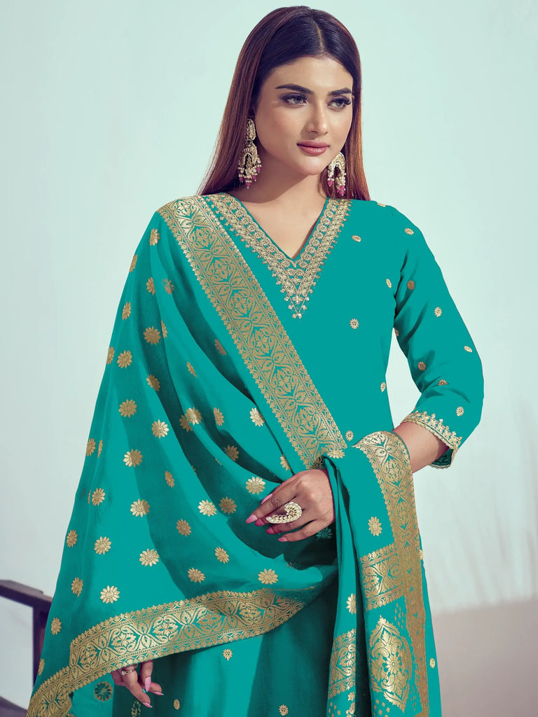 Attractive Sky-Blue Embroidered Silk Traditional Pant Suit With Dupatta