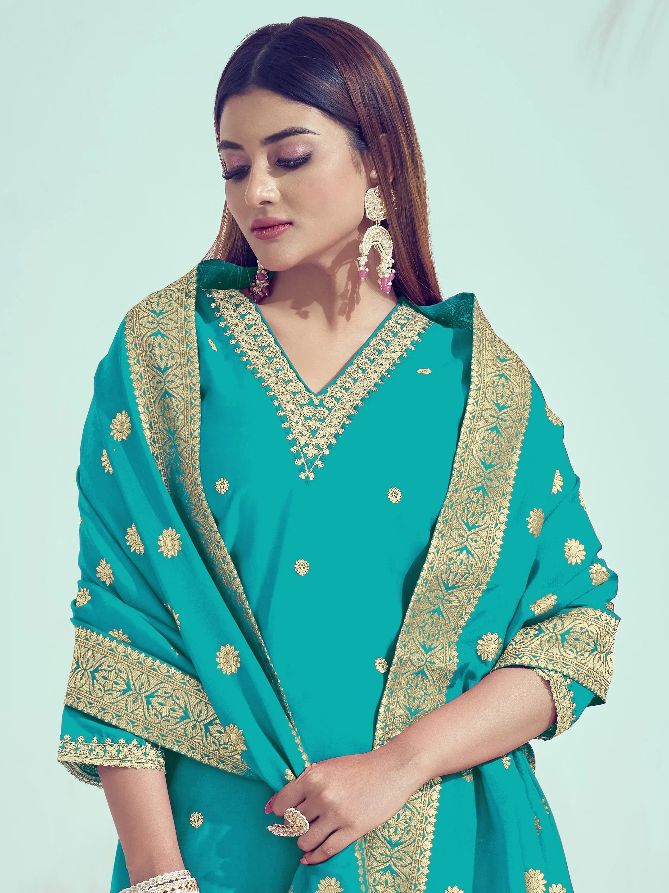 Attractive Sky-Blue Embroidered Silk Traditional Pant Suit With Dupatta