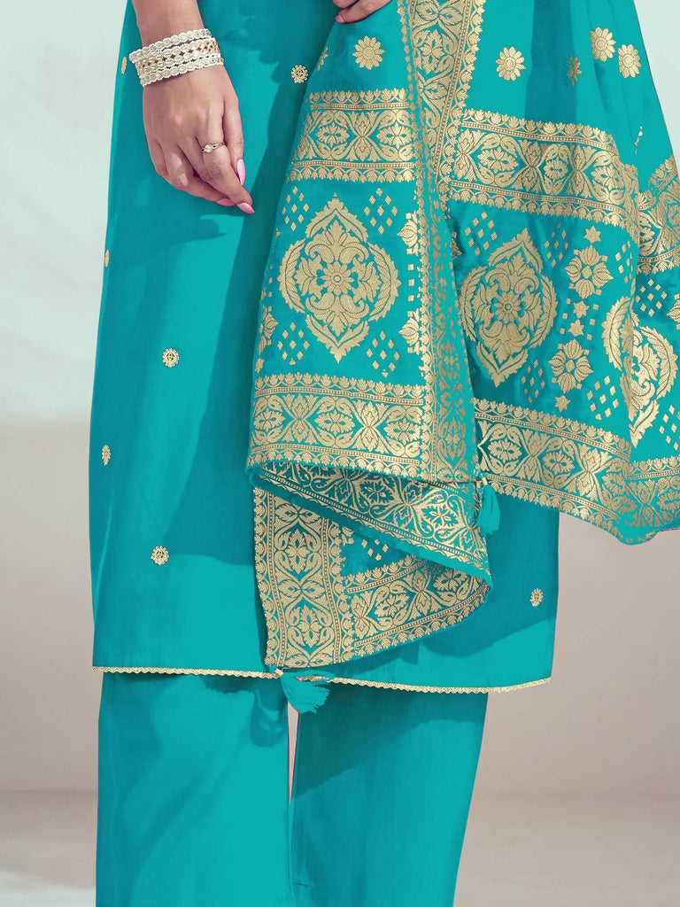 Attractive Sky-Blue Embroidered Silk Traditional Pant Suit With Dupatta