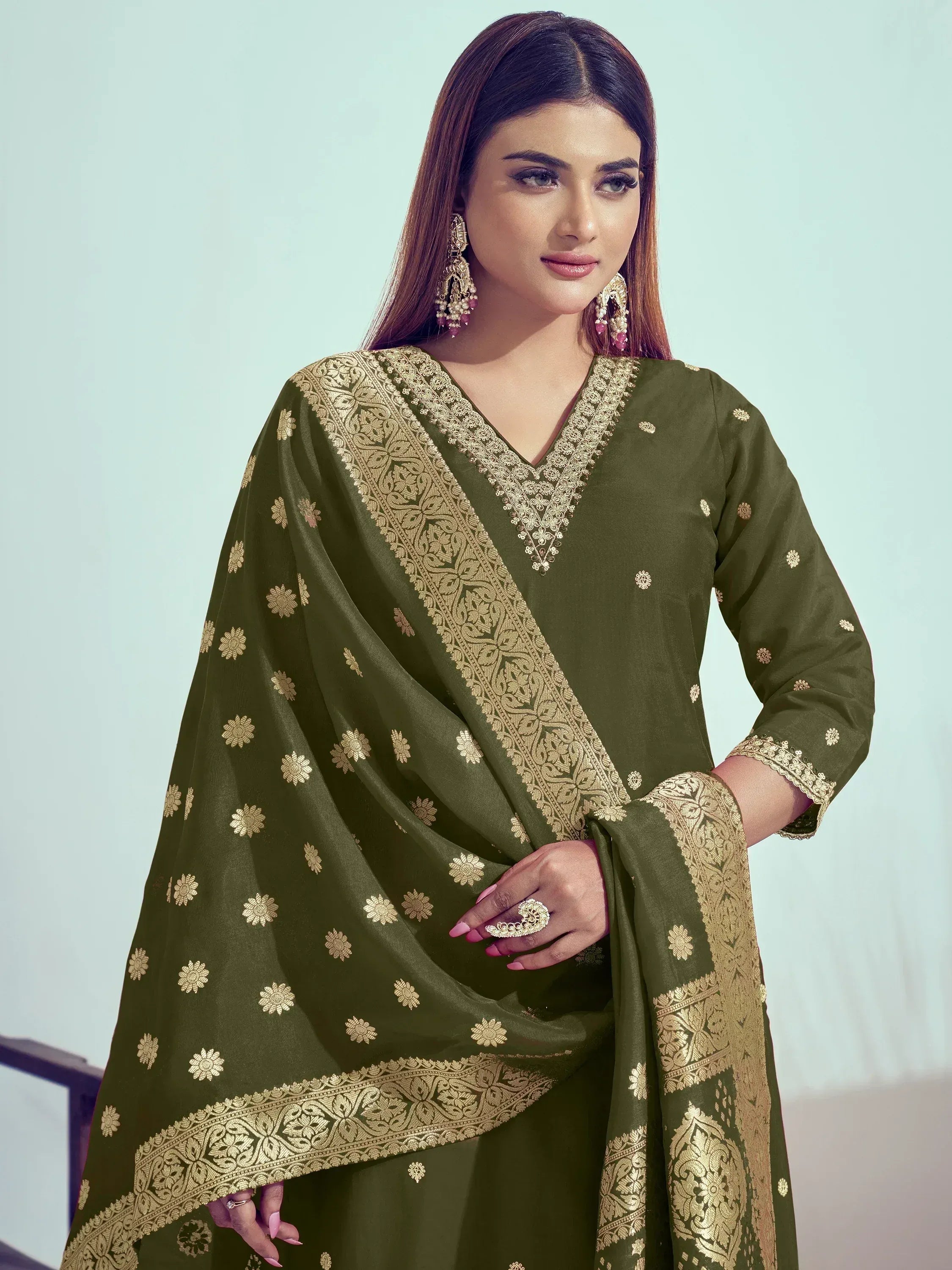 Olive green salwar kameez with gold embroidery, perfect for Indian ethnic wear occasions