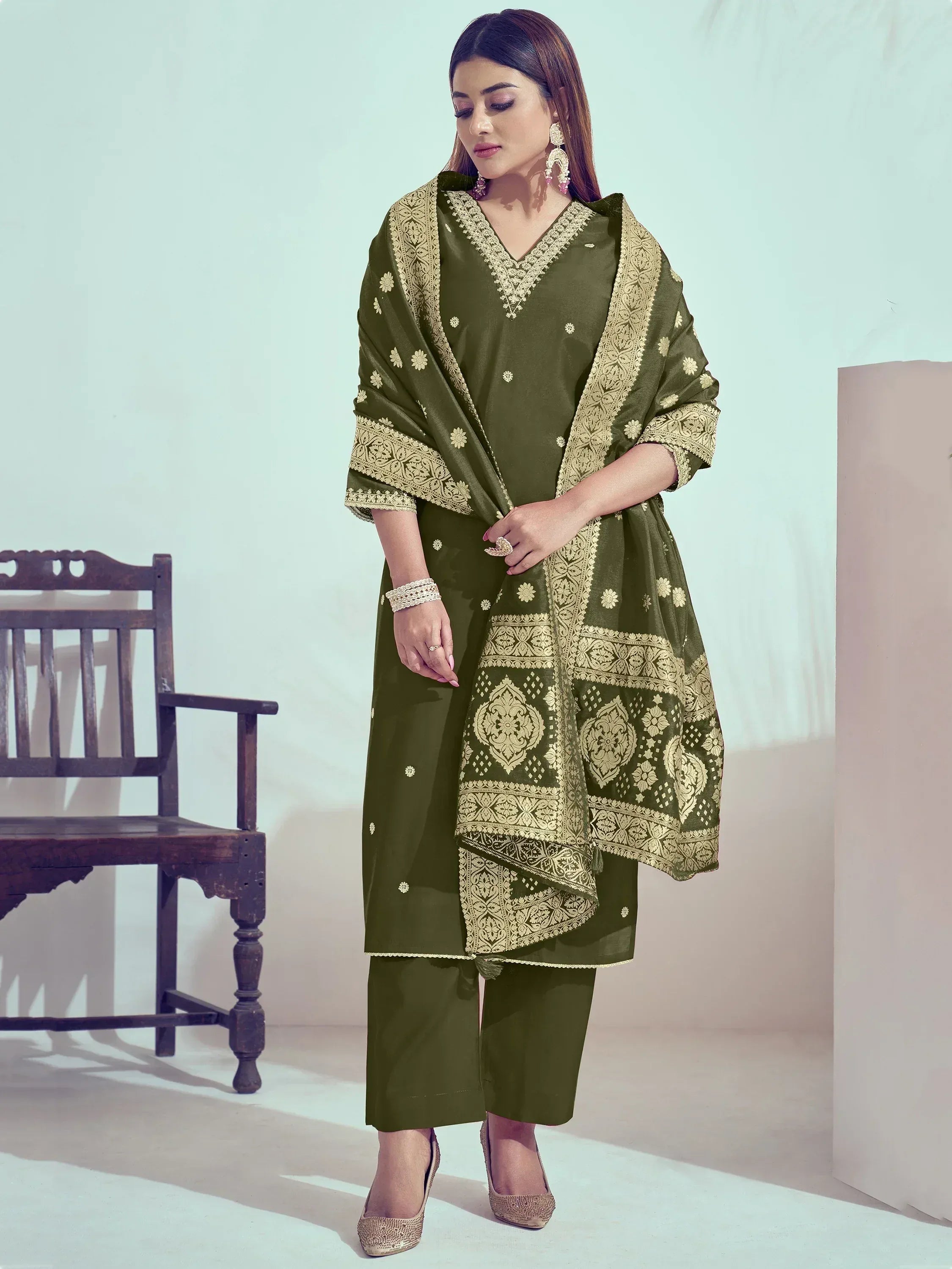 Olive green salwar kameez with gold embroidery and matching dupatta, Indian ethnic wear