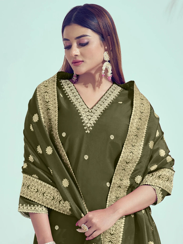 Stunning Olive Green Embroidered Silk Mehendi Wear Pant Suit