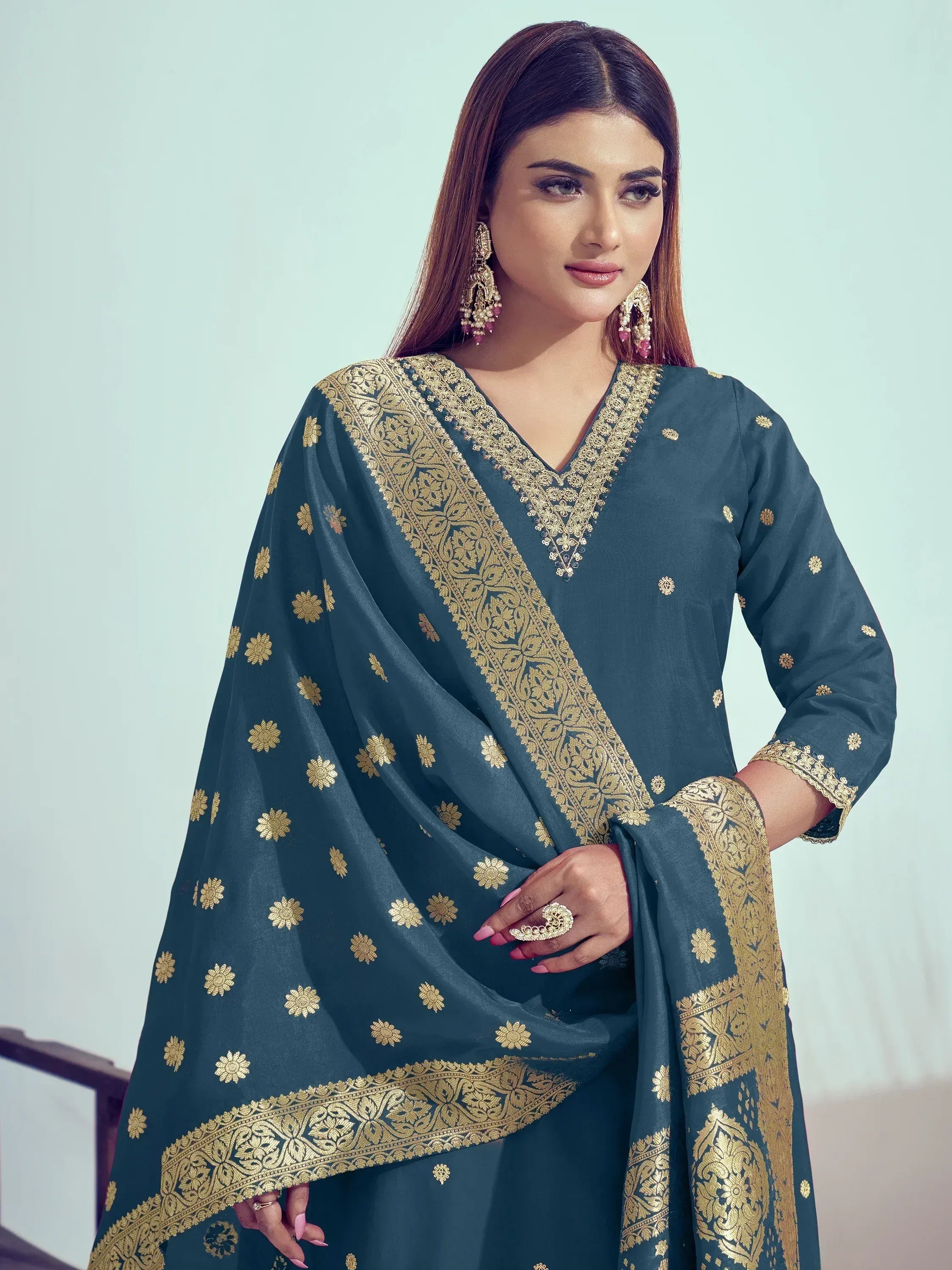 Teal salwar kameez with gold embroidery, designer ethnic wear for women