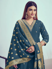 Alluring Dusty Blue Embroidered Silk Festival Wear Pant Suit With Dupatta