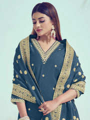 Alluring Dusty Blue Embroidered Silk Festival Wear Pant Suit With Dupatta