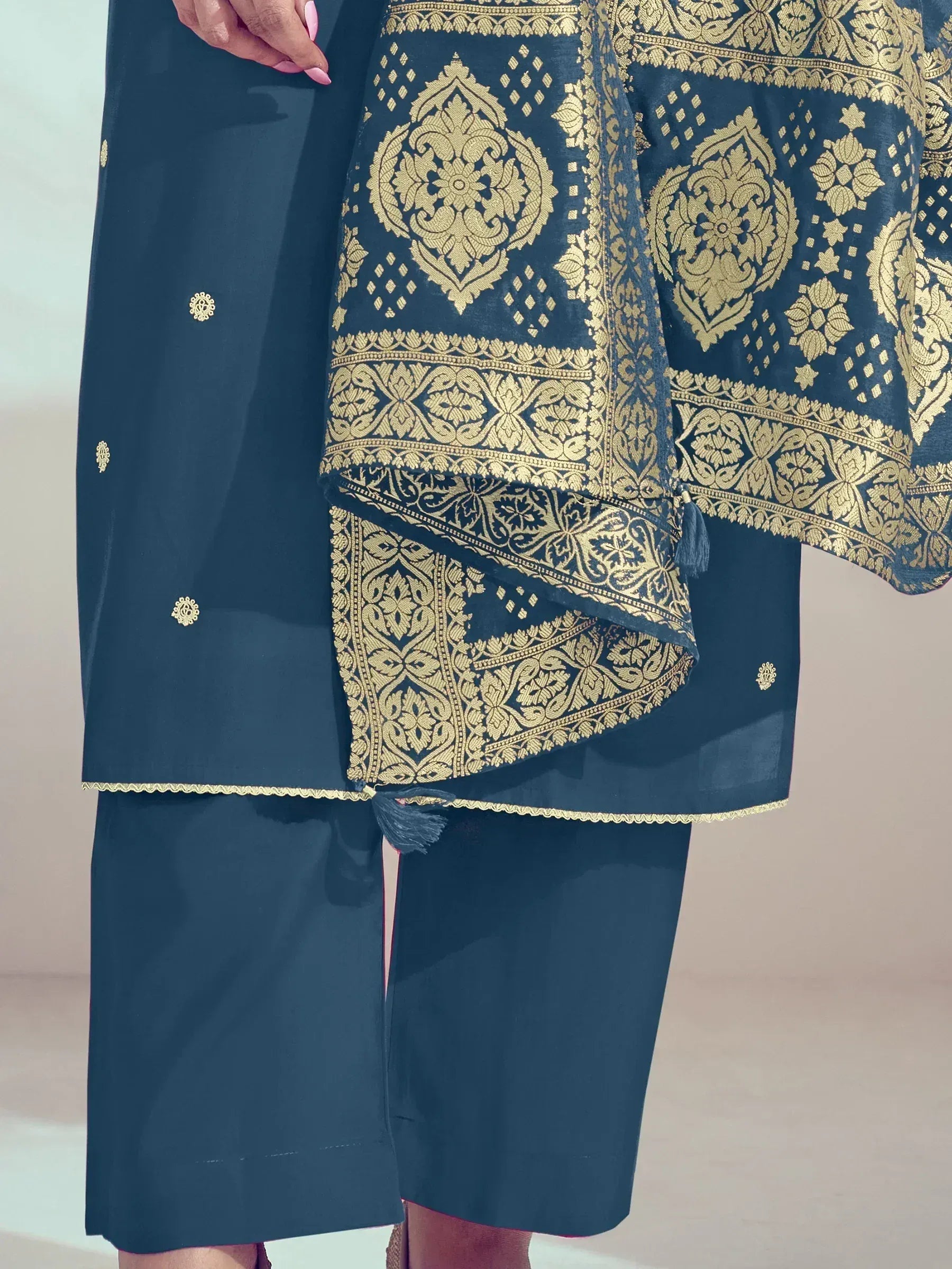 Navy blue ethnic kurta with gold brocade dupatta, perfect for Indian festive occasions