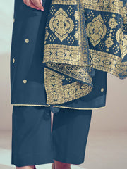 Alluring Dusty Blue Embroidered Silk Festival Wear Pant Suit With Dupatta