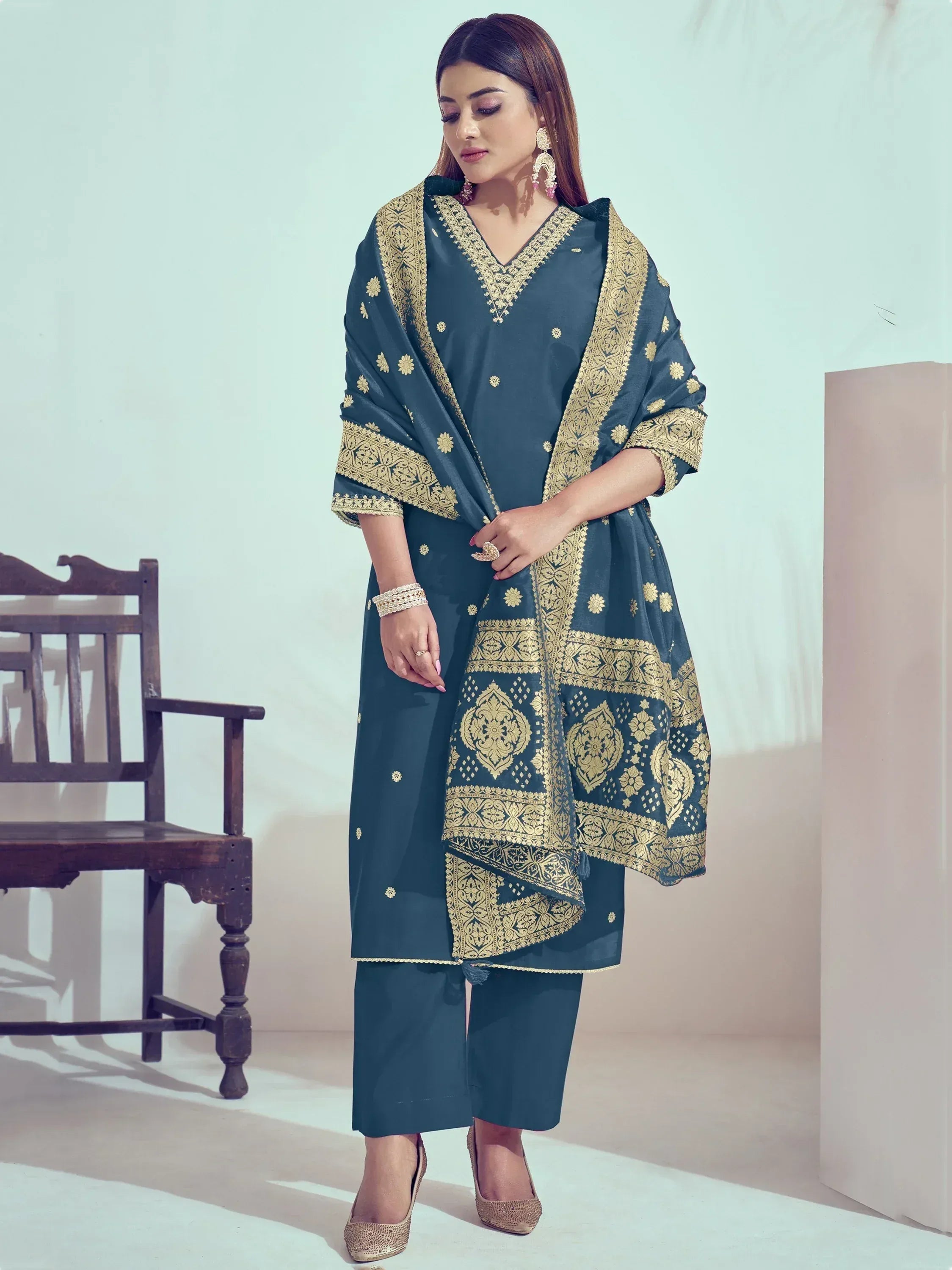 Teal ethnic salwar kameez with gold embroidery and matching dupatta, stylish Indian wear