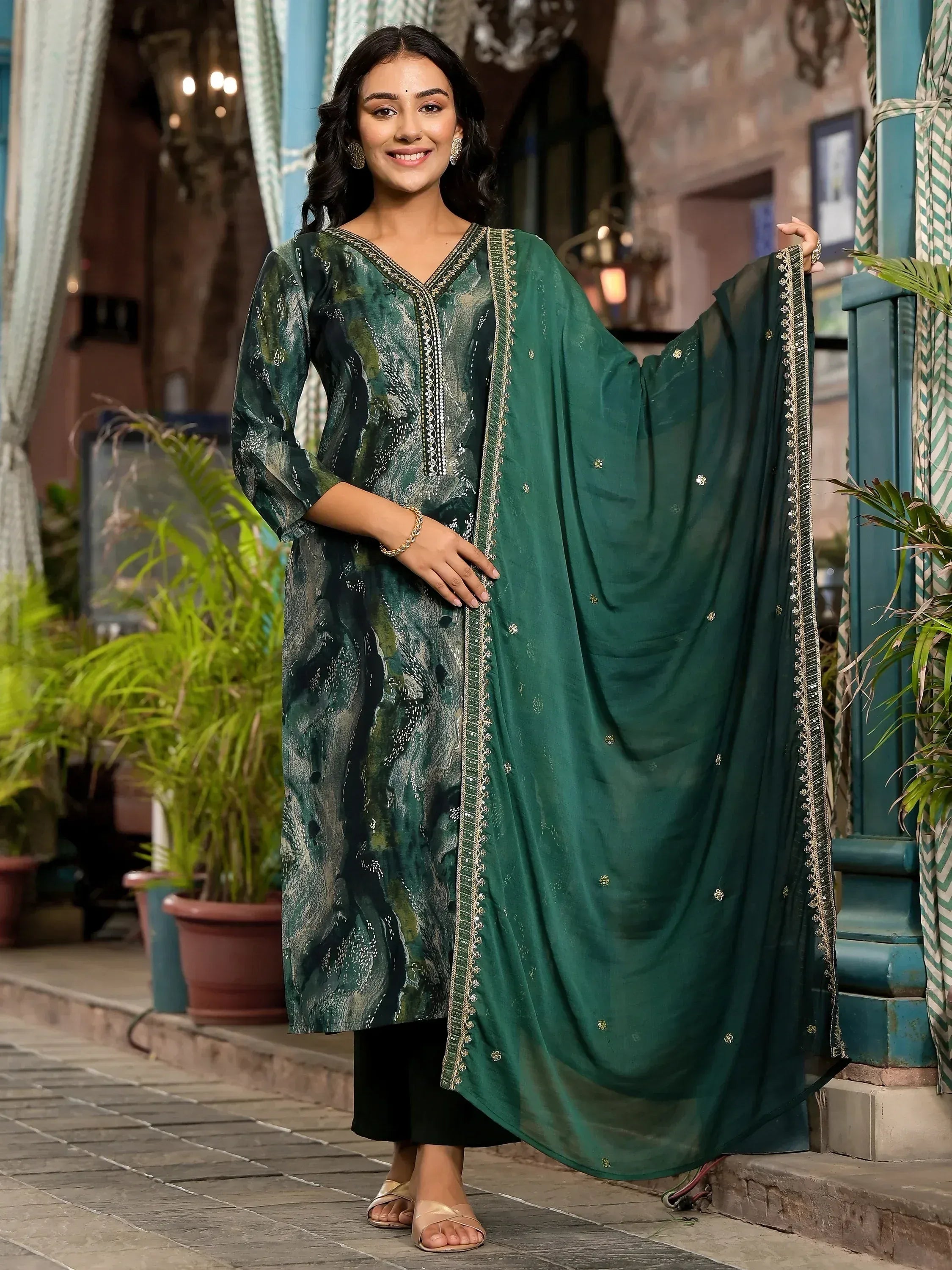 Green printed ethnic kurta with matching dupatta, perfect for Indian festive occasions and daily wear.