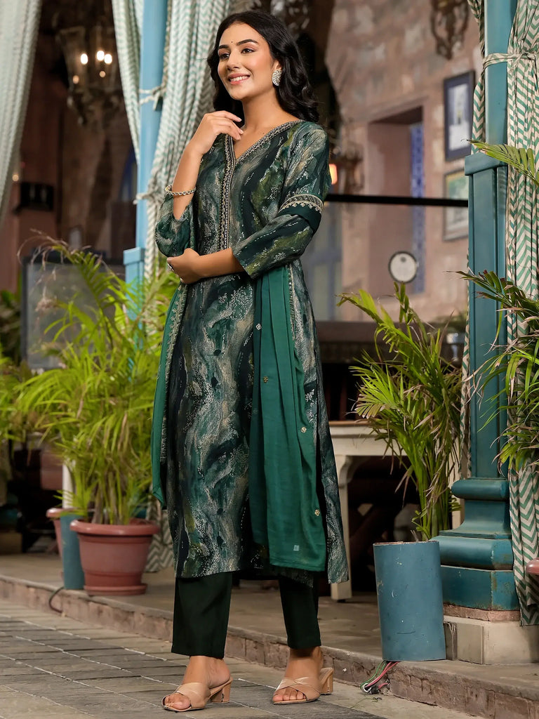 Wonderful Green Digital Printed Silk Festival Wear Pant Suit With Dupatta