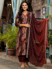Awesome Maroon Digital Printed Silk Event Wear Pant Suit With Dupatta