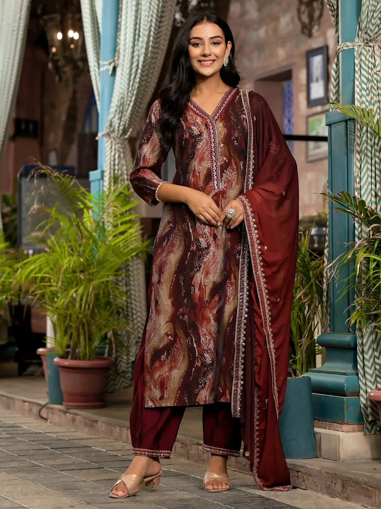 Awesome Maroon Digital Printed Silk Event Wear Pant Suit With Dupatta