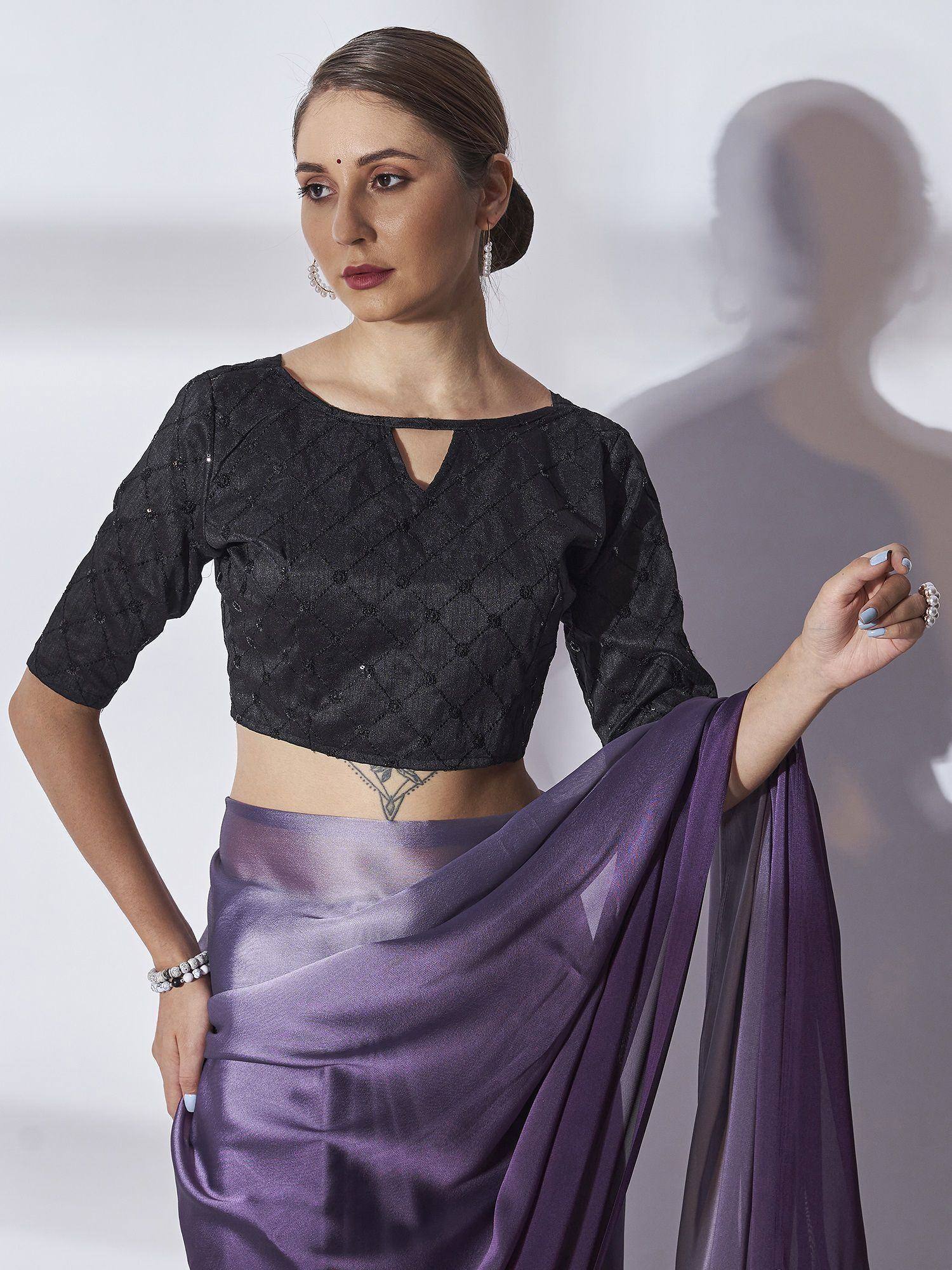 Purple satin saree with black embroidered blouse, Indian ethnic wear for women
