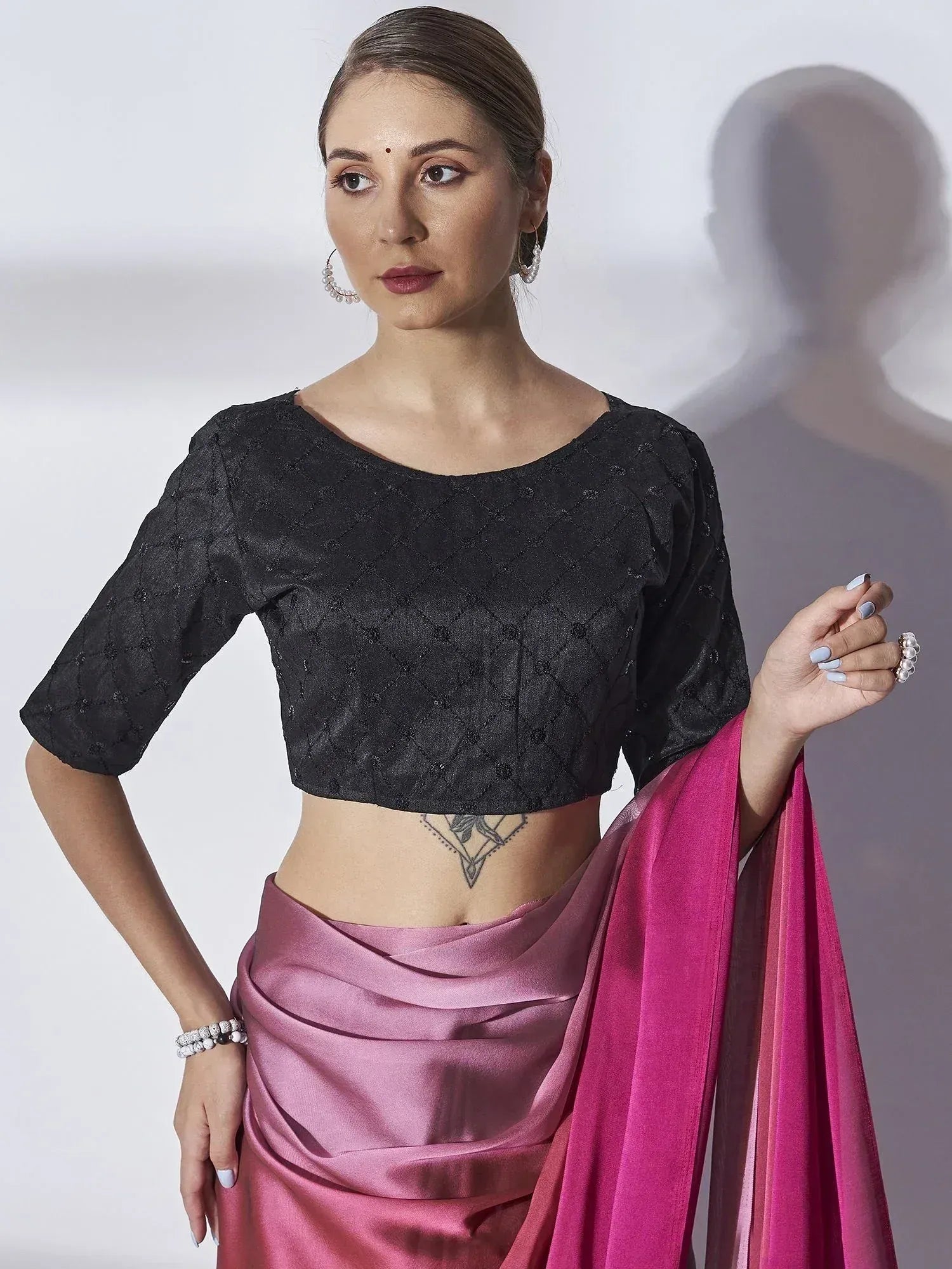 Black embroidered blouse with pink satin saree, ethnic wear for women