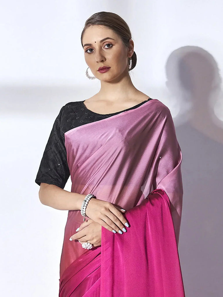Awesome Pink Chiffon Reception Wear Plain Saree With Blouse